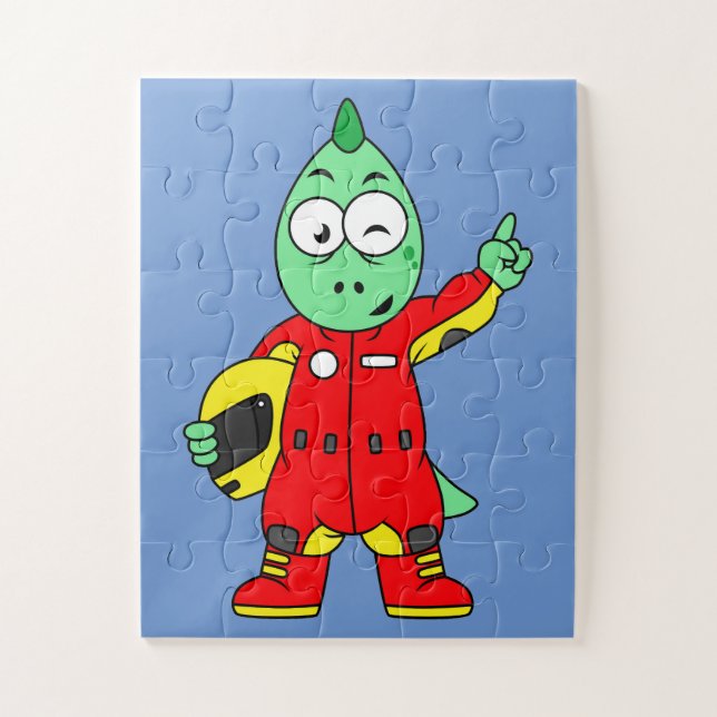 Illustration eines Allosaurus Rennfahrers. Puzzle (Vertikal)