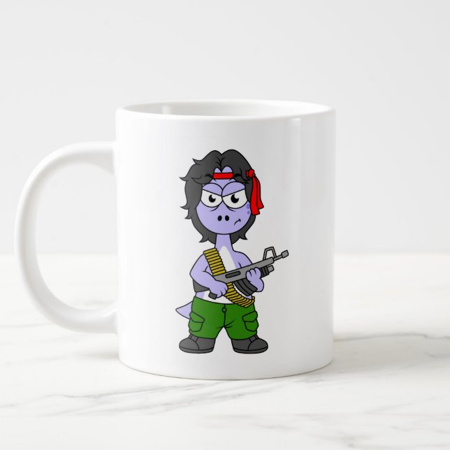 Illustration eines als Rambo verkleideten Brontosa Jumbo-Tasse (Links)