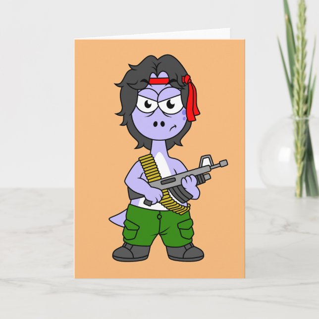 Illustration eines als Rambo verkleideten Brontosa Karte (Vorderseite)