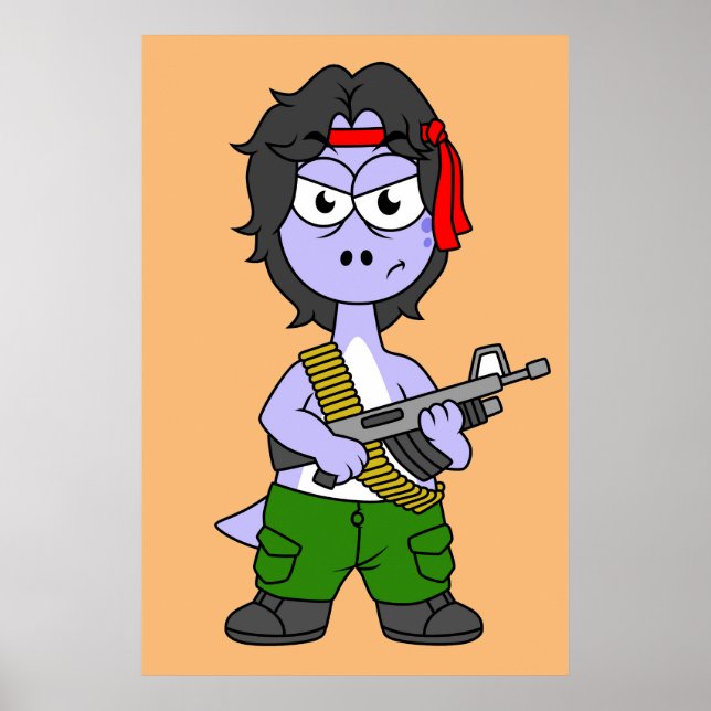 Illustration eines als Rambo verkleideten Brontosa Poster (Vorne)