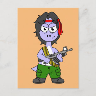 Illustration eines als Rambo verkleideten Brontosa Postkarte