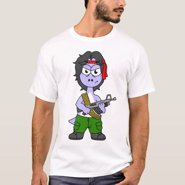 Illustration eines als Rambo verkleideten Brontosa T-Shirt (Vorderseite)