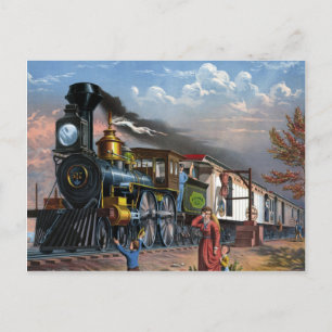 Illustration eines alten Dampfzugs im Bahnhof Postkarte