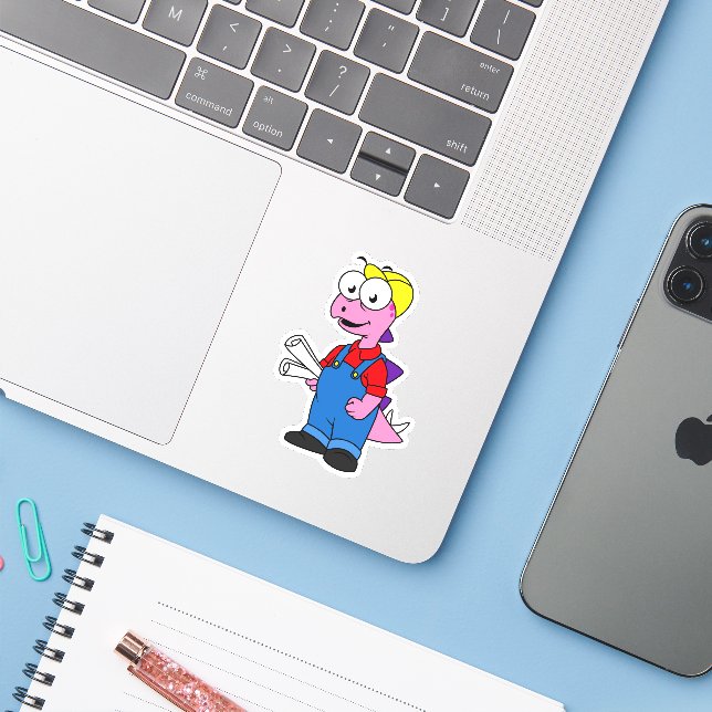 Illustration eines Bauarbeiters für Stegosaurus. Aufkleber (Laptop mit iPhone)