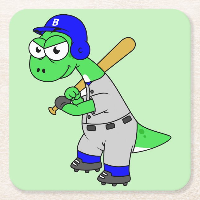 Illustration eines Brontosaurus Baseball-Spielers. Rechteckiger Pappuntersetzer (Vorderseite)