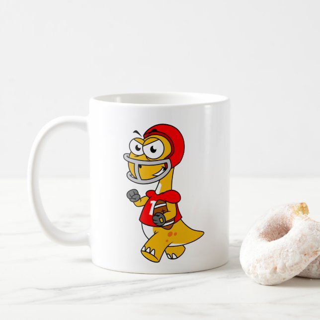 Illustration eines Brontosaurus, der Fußball spiel Kaffeetasse (Mit Donut)