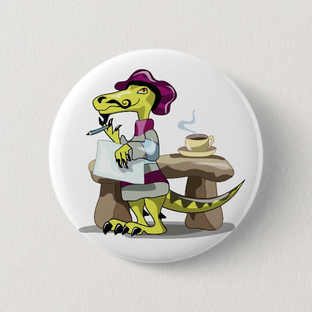 Illustration eines Cartoon Raptor Poet Denken. Button (Vorderseite)