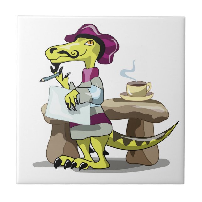 Illustration eines Cartoon Raptor Poet Denken. Fliese (Vorderseite)