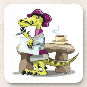 Illustration eines Cartoon Raptor Poet Denken. Getränkeuntersetzer