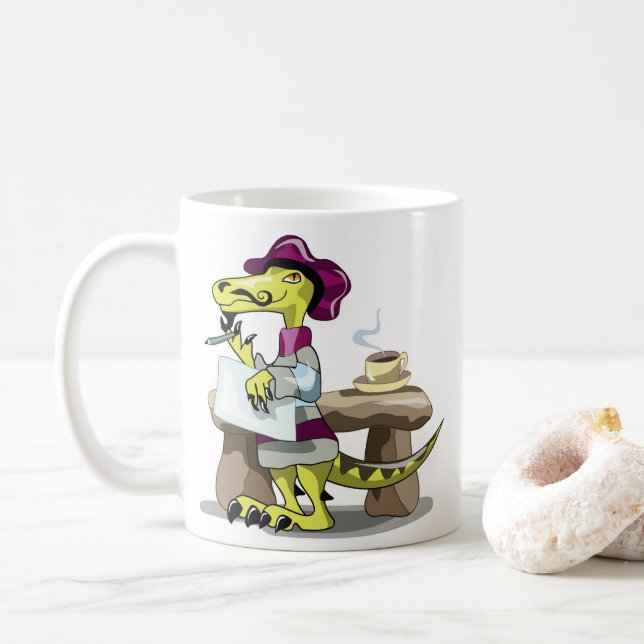 Illustration eines Cartoon Raptor Poet Denken. Kaffeetasse (Mit Donut)