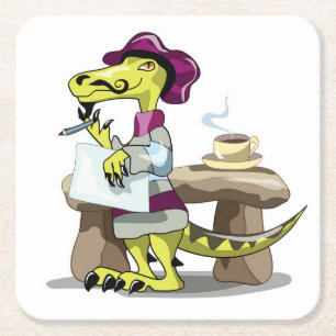 Illustration eines Cartoon Raptor Poet Denken. Rechteckiger Pappuntersetzer