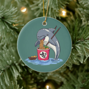 Illustration eines Delphins, der Ramen isst Keramik Ornament