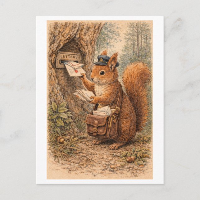 Illustration eines Eichhörnchens als Briefträger i Postkarte (Vorderseite)