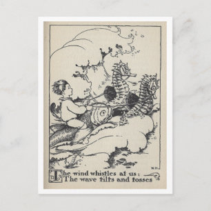Illustration eines Fischbootes mit Seepferden aus Postkarte
