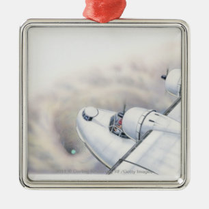 Illustration eines Flugzeugfliegens über Wormhole Ornament Aus Metall