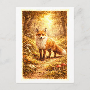 Illustration eines Fuchses im Wald im Vintage-Stil Postkarte