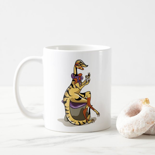 Illustration eines Iguanodon, der ihre Nägel polie Kaffeetasse (Mit Donut)