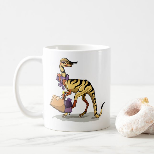 Illustration eines Iguanodon mit Einkaufstaschen. Kaffeetasse (Mit Donut)
