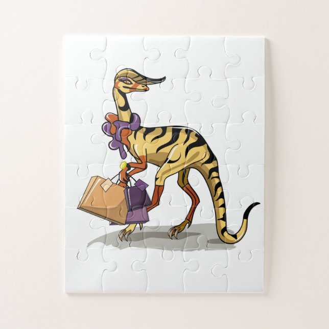 Illustration eines Iguanodon mit Einkaufstaschen. Puzzle (Vertikal)