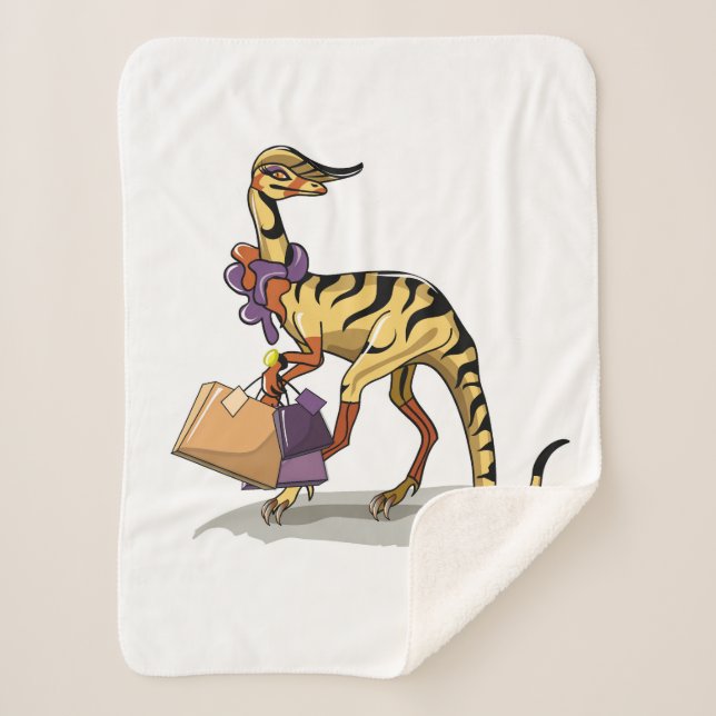 Illustration eines Iguanodon mit Einkaufstaschen. Sherpadecke (Vorderseite)