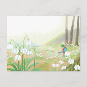 Illustration eines Jungen, der Frühlings-Schneeglö Feiertagspostkarte