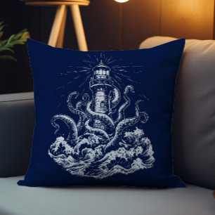Illustration eines Kraken, der einen Leuchtturm ve Kissen