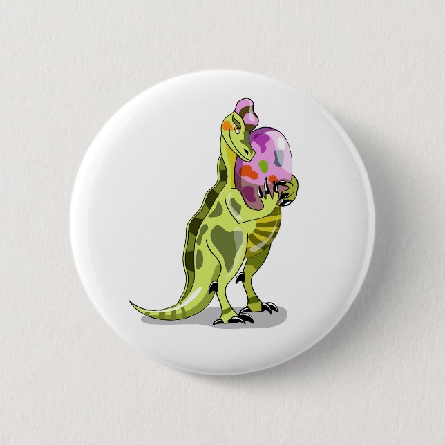 Illustration eines Lambeosaurus, der ein Ei hält. Button (Vorderseite)