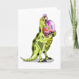 Illustration eines Lambeosaurus, der ein Ei hält. Karte