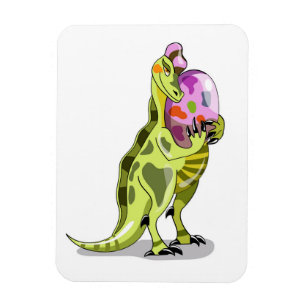 Illustration eines Lambeosaurus, der ein Ei hält. Magnet