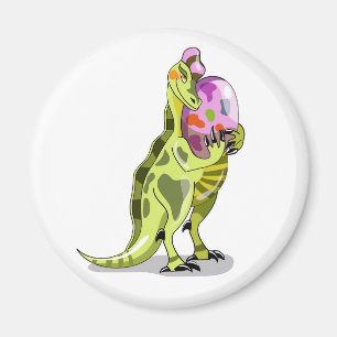 Illustration eines Lambeosaurus, der ein Ei hält. Magnet