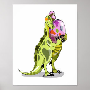 Illustration eines Lambeosaurus, der ein Ei hält. Poster