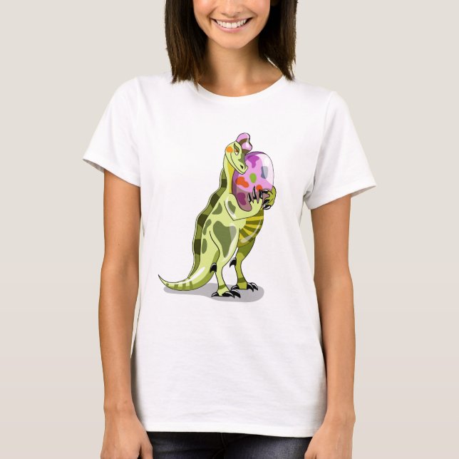 Illustration eines Lambeosaurus, der ein Ei hält. T-Shirt (Vorderseite)