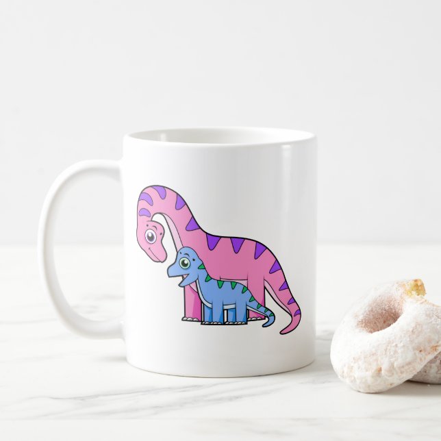 Illustration eines Mutter-Kind-Brachiosaurus. Kaffeetasse (Mit Donut)