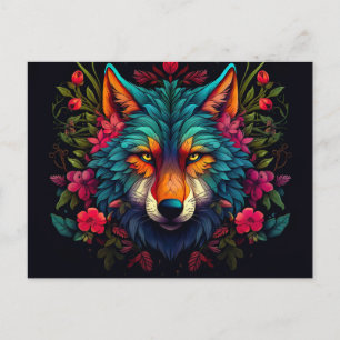Illustration eines mystischen Wolfes mit Blumen Postkarte