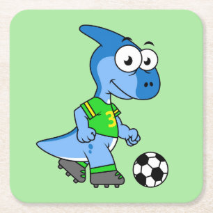 Illustration eines Parasaurolophus, der Fußball sp Rechteckiger Pappuntersetzer