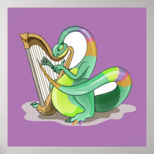 Illustration eines Plateosaurus, der die Harfe spi Poster