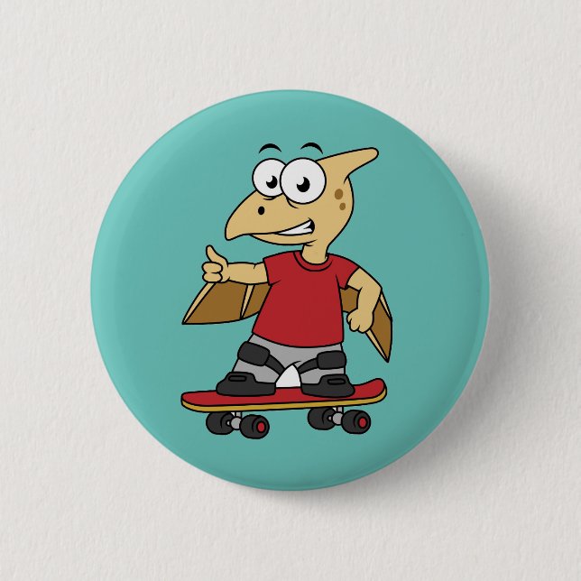 Illustration eines Pterosaurus Skateboarding. Button (Vorderseite)