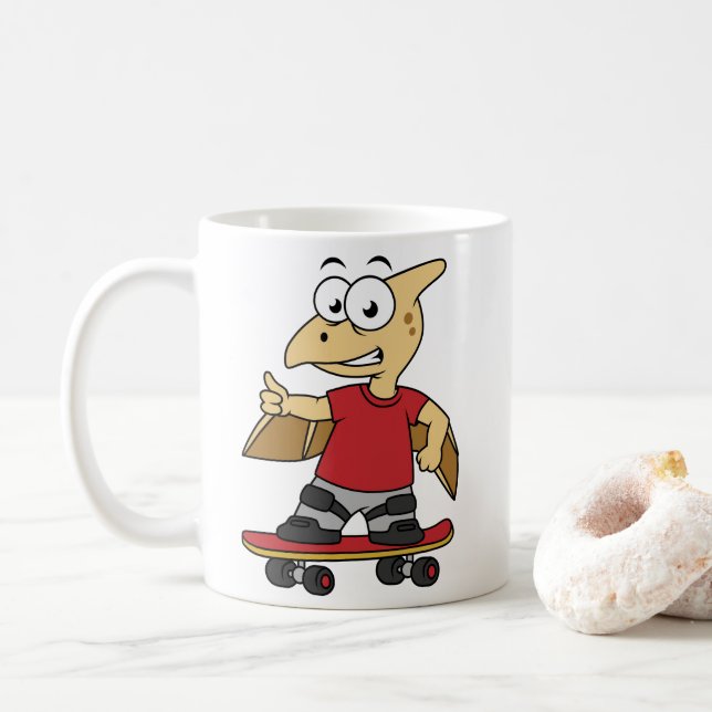 Illustration eines Pterosaurus Skateboarding. Kaffeetasse (Mit Donut)
