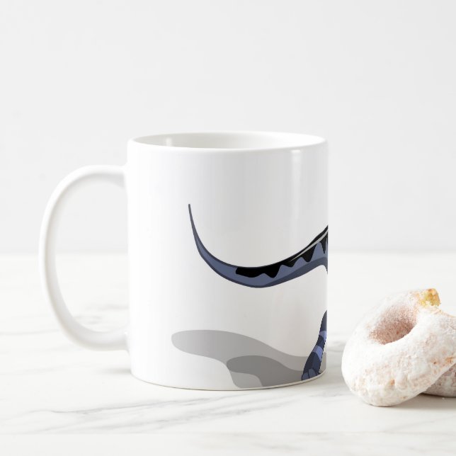 Illustration eines Raptor Dinosauriers, der Fußbal Kaffeetasse (Mit Donut)