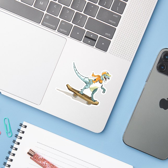 Illustration eines Raptor Skateboarding. Aufkleber (Laptop mit iPhone)