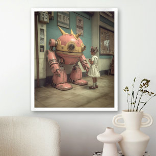 Illustration eines rosa Roboters mit jungem Mädche Poster