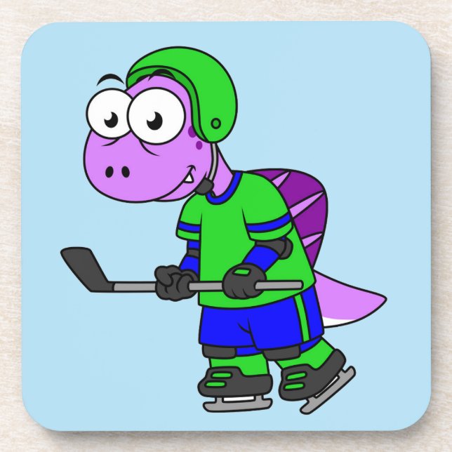 Illustration eines Spinosaurus-Hockeyspielers. Getränkeuntersetzer (Vorderseite)