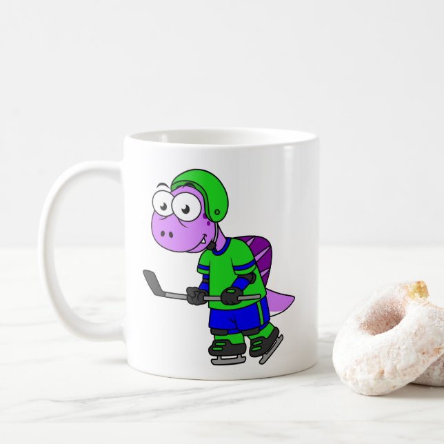 Illustration eines Spinosaurus-Hockeyspielers. Kaffeetasse (Mit Donut)