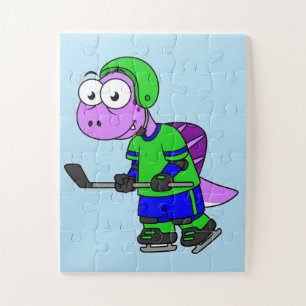 Illustration eines Spinosaurus-Hockeyspielers. Puzzle