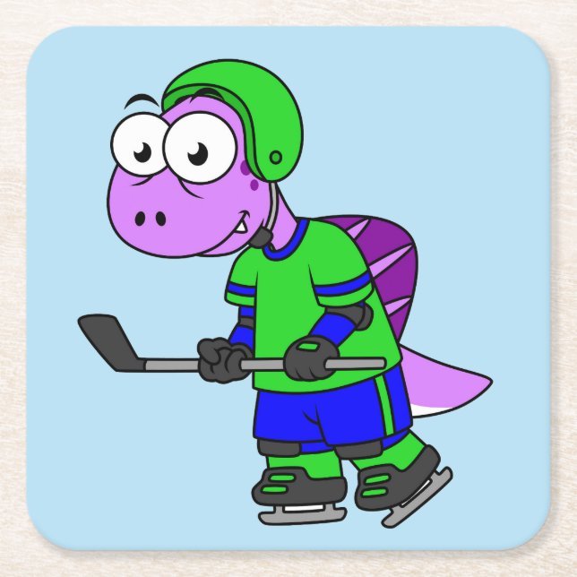Illustration eines Spinosaurus-Hockeyspielers. Rechteckiger Pappuntersetzer (Vorderseite)
