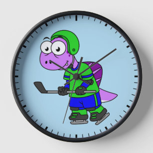 Illustration eines Spinosaurus-Hockeyspielers. Uhr