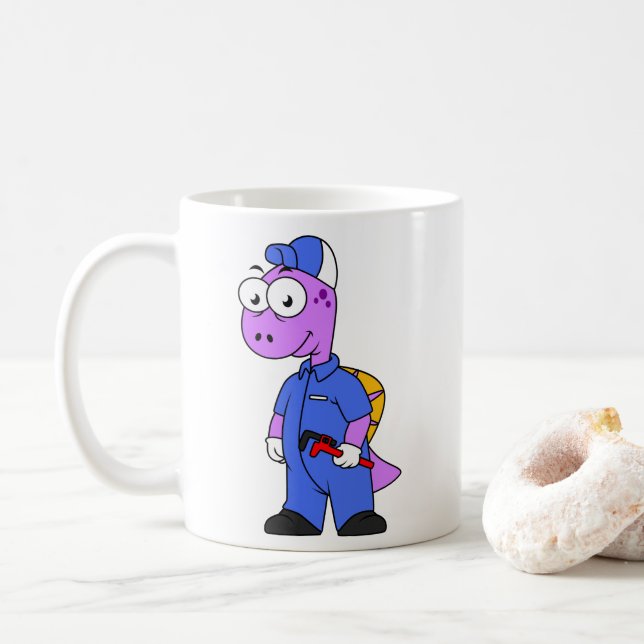 Illustration eines Spinosaurus-Klempners. Kaffeetasse (Mit Donut)