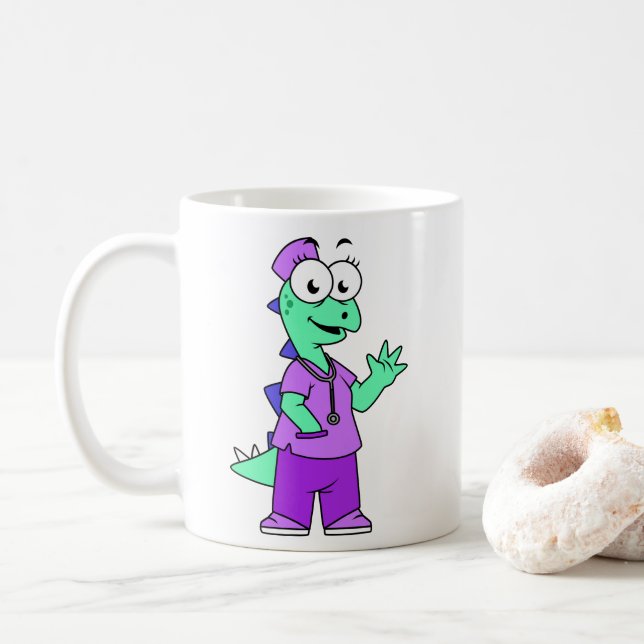 Illustration eines Stegosaurus-Krankenschwesters. Kaffeetasse (Mit Donut)