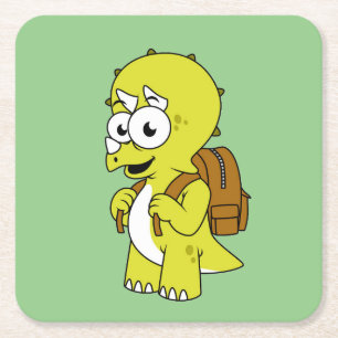 Illustration eines Triceratops mit Backpack. Rechteckiger Pappuntersetzer