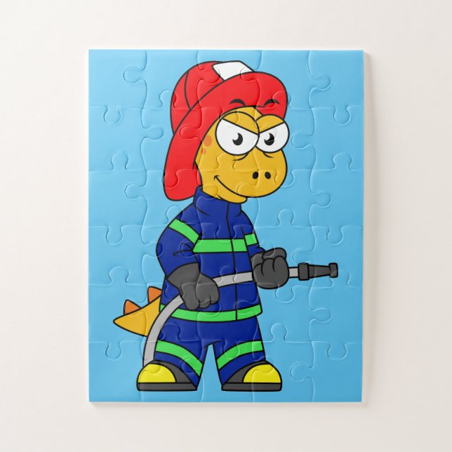 Illustration eines Tyrannosaurus Rex Feuerwehrmann Puzzle (Vertikal)